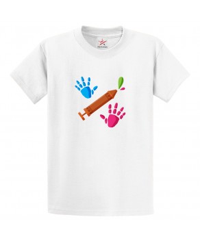 Pichkari Water Shooter Colourful Hands Rangoli Hindu Holi Festival Print Crew Neck Unisex Kids And Adult T-Shirt