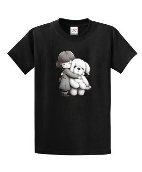 Cute A Girl Hugging Teddy Dog Unisex Kids And Adults T-Shirt