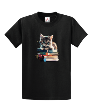 Cute Cat Chilling On The Books Unisex Kids And Adults T-Shirt
