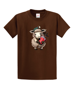 Cartoon Sheep Playing Music With Bagpipe Unisex Kids And Adults T-Shirt