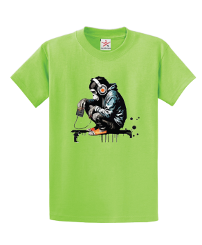 DJ Monkey Thinker With Headphones Side View Unisex Kids and Adults T-Shirt