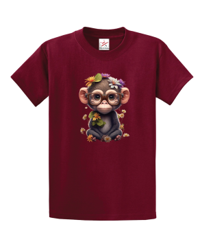 Cute Flowery Baby Monkey Wearing Glasses Unisex Kids and Adults T-Shirt
