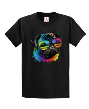 Colorful Cool Black Pug Wearing Sunglasses Unisex Kids and Adults T-Shirt