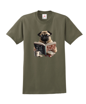 Pug Dog Reading Books And Drink Coffee Unisex Kids and Adults T-Shirt